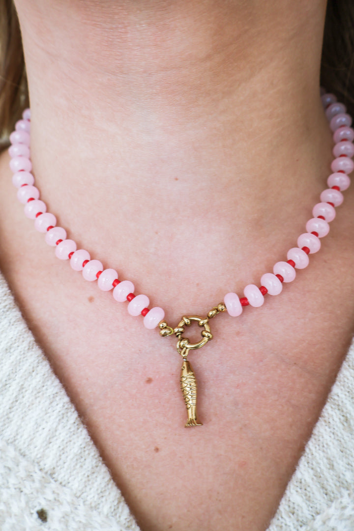 Gemstone Beaded Fish Charm Necklace - Pink