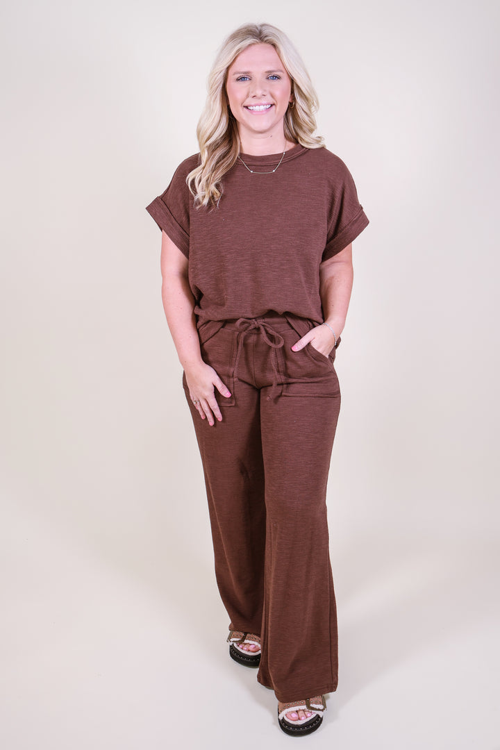 Slub Short Sleeve Tee & Pants Set - Brown