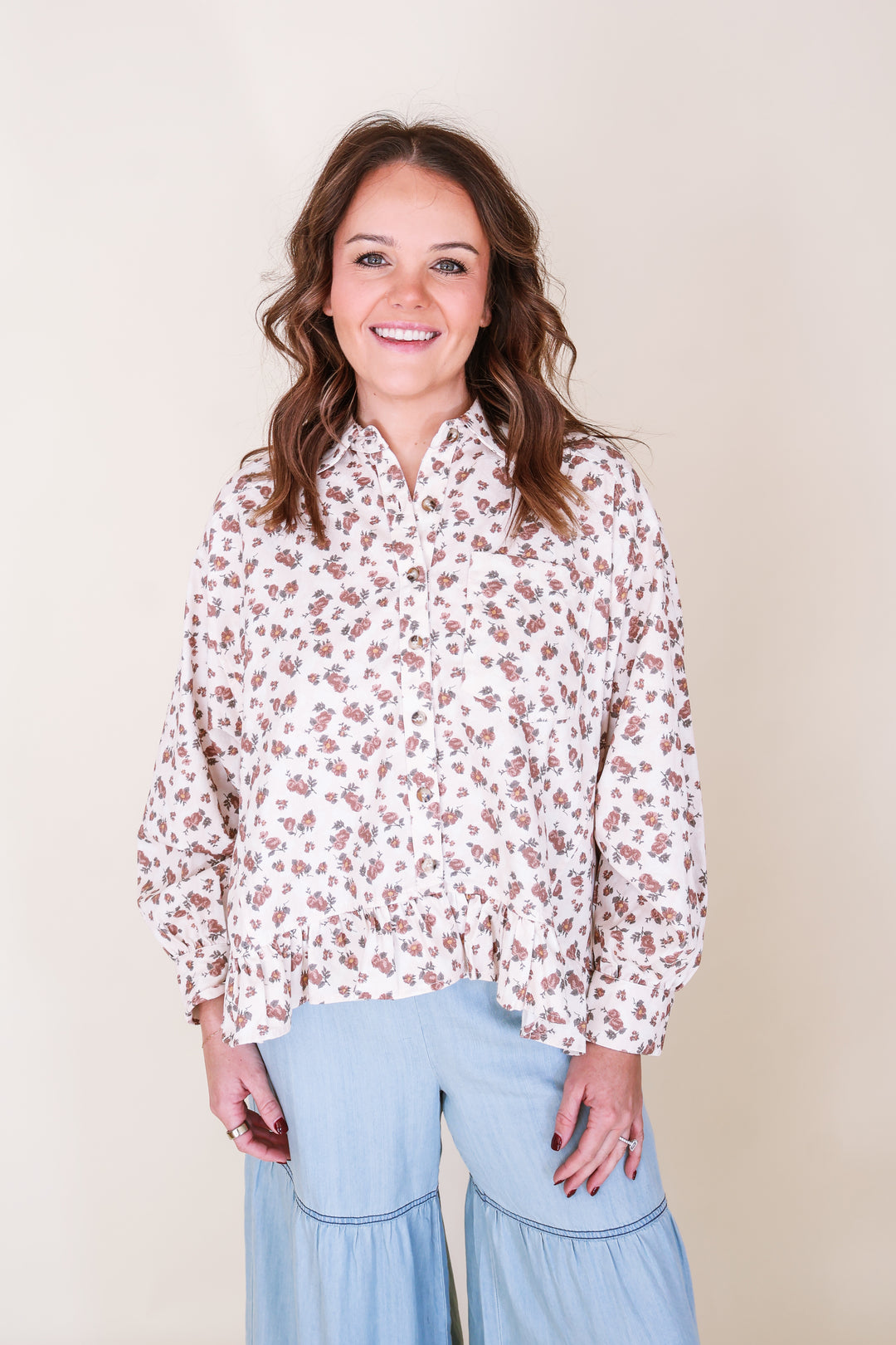 Collared Floral Peplum Hem Babydoll Shirt