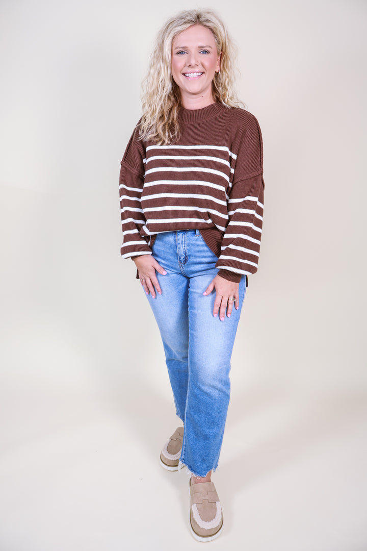 Exposed Seam Striped Oversized Sweater - Brown