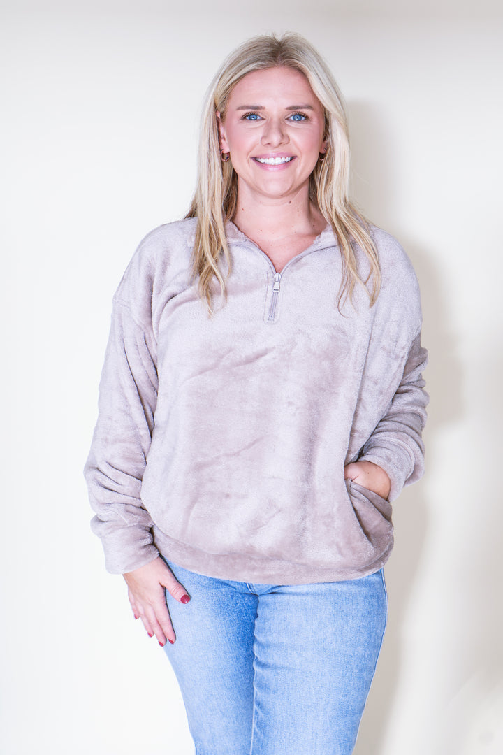 Faux Fur Half Zip Pocket Pullover - Ash Mocha