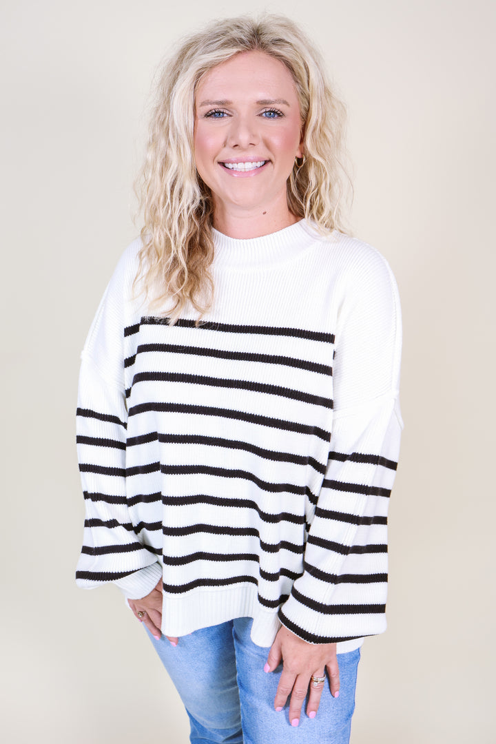 Exposed Seam Striped Oversized Sweater - Ivory/Black