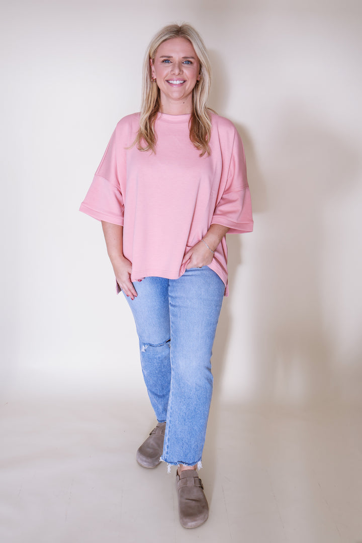 Scuba Round Neck Top with Side Slits - Tan Rose