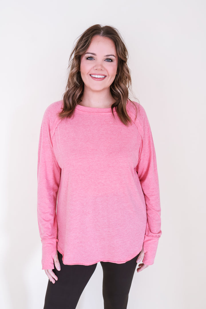 Cotton Raglan Sleeve Thumbhole Top - Coral