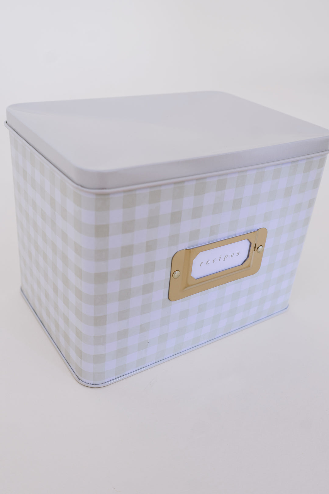 Beige Gingham Tin Recipe Box