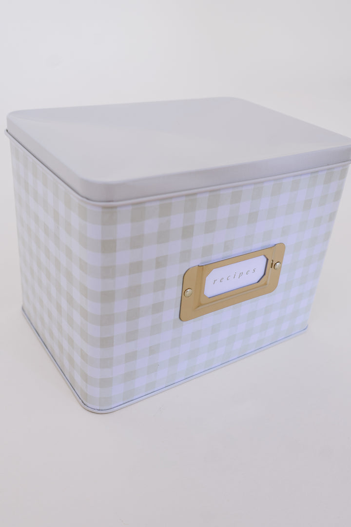 Beige Gingham Tin Recipe Box