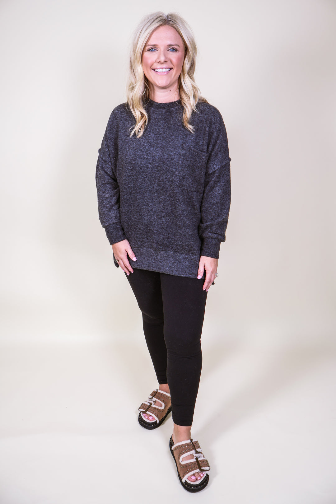 Brushed Melange Drop Shoulder Oversized Sweater - Black