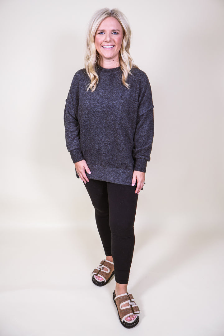 Brushed Melange Drop Shoulder Oversized Sweater - Black