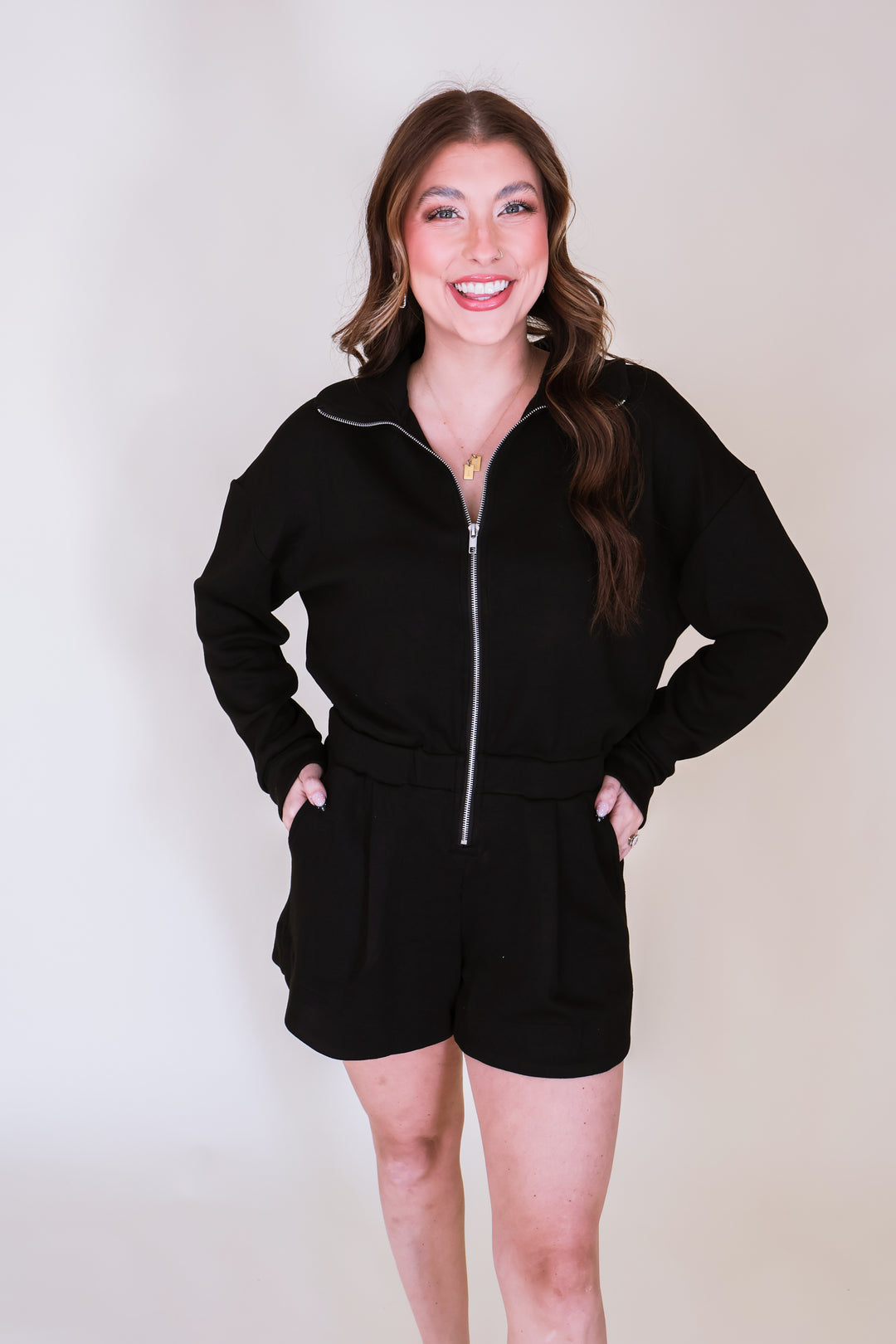 Half Zip-Up Long Sleeve Romper - Black
