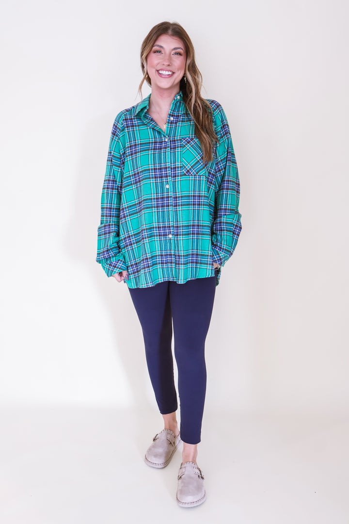 Oversized Plaid Button Down Shirt - Green