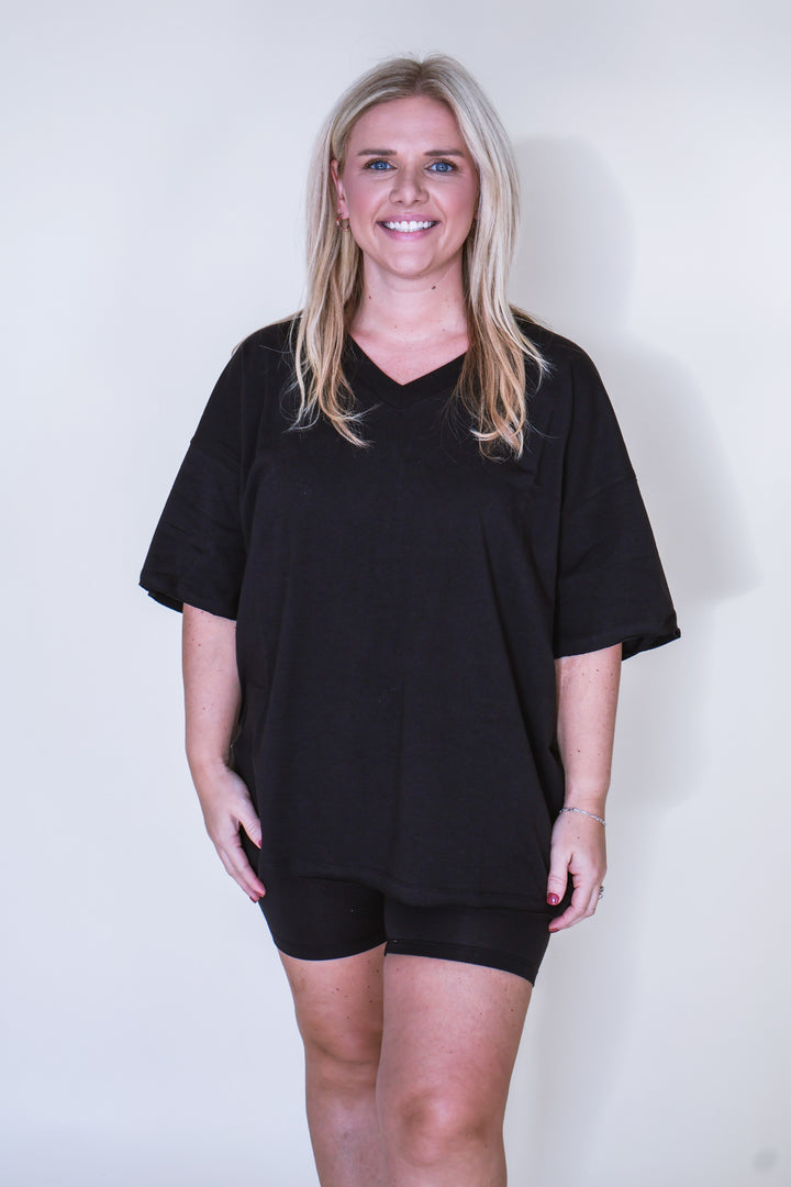 Cotton V-Neck Top & Biker Shorts Set - Black