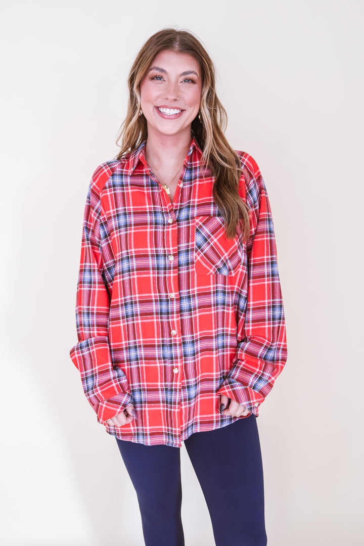 Oversized Plaid Button Down Shirt - Red