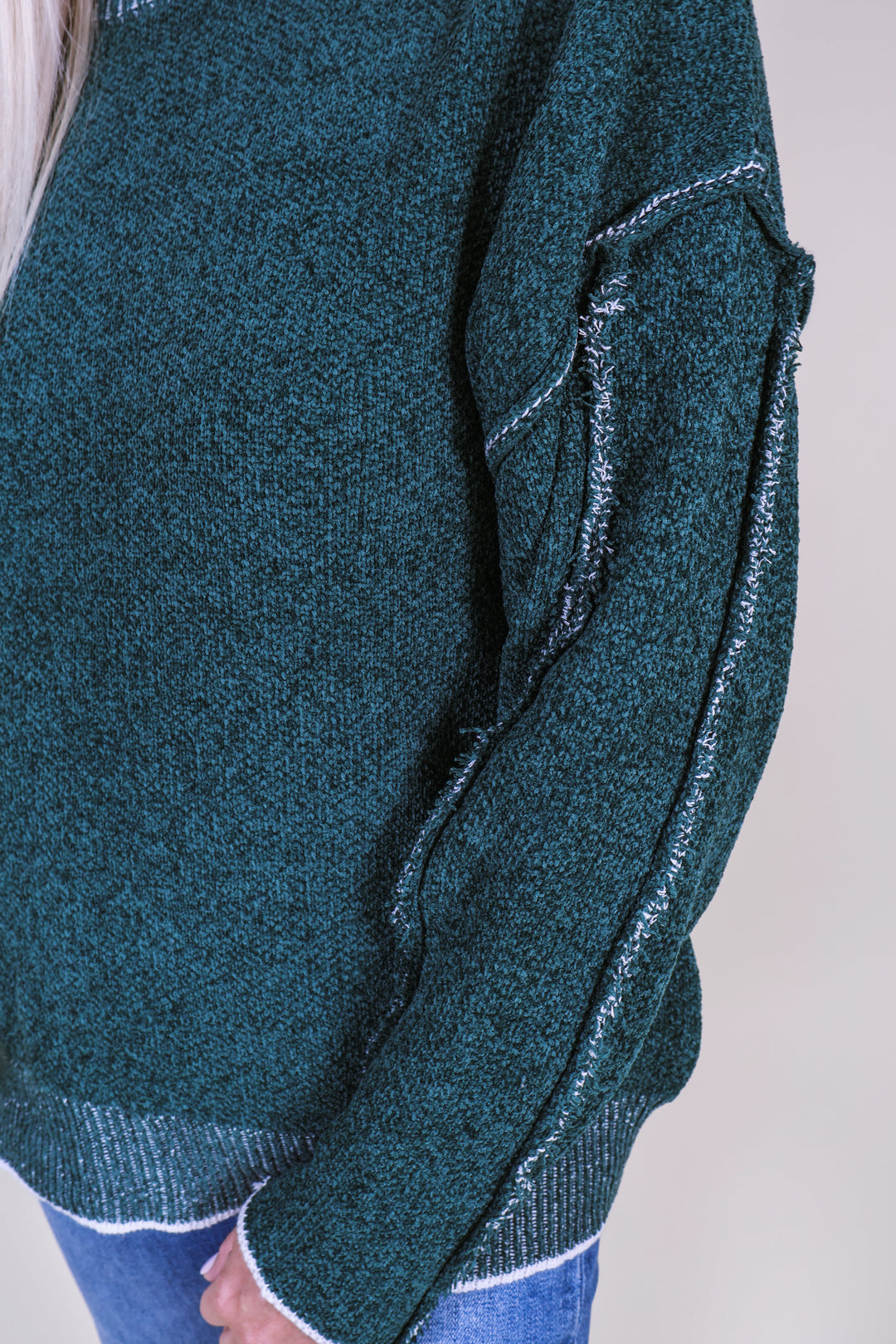 Exposed Seam Round Neck Sweater - Hunter Green
