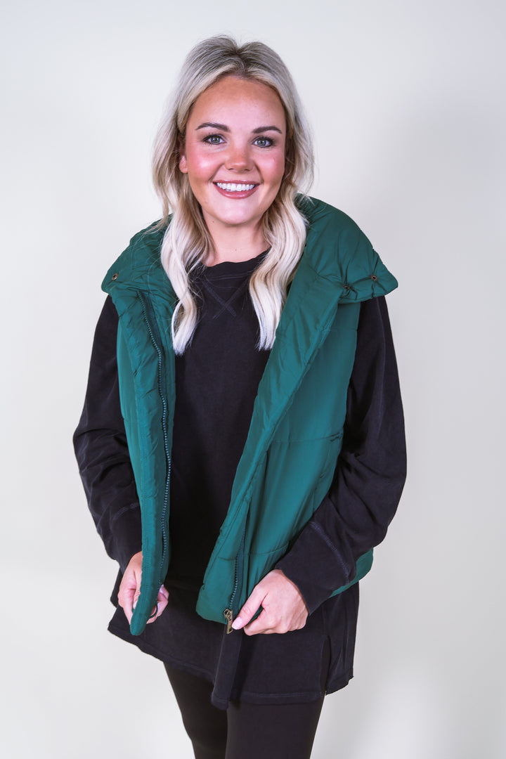 High Neck Puffer Vest - Hunter Green