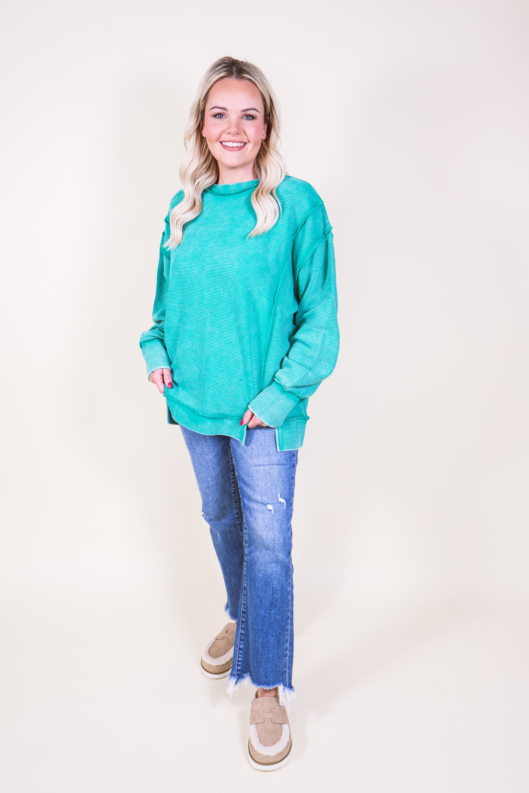 Acid Washed Double Ribbed Pullover - K Green