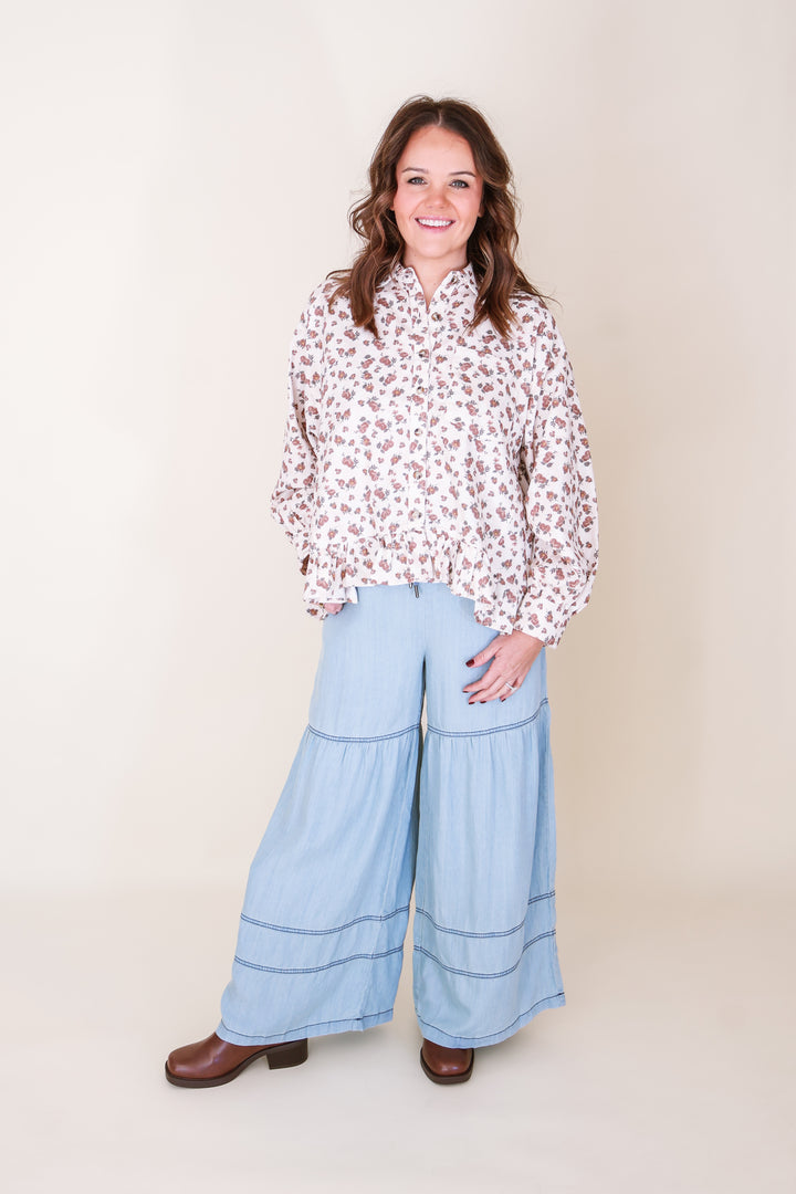 Washed Denim Tiered Wide Leg Pants