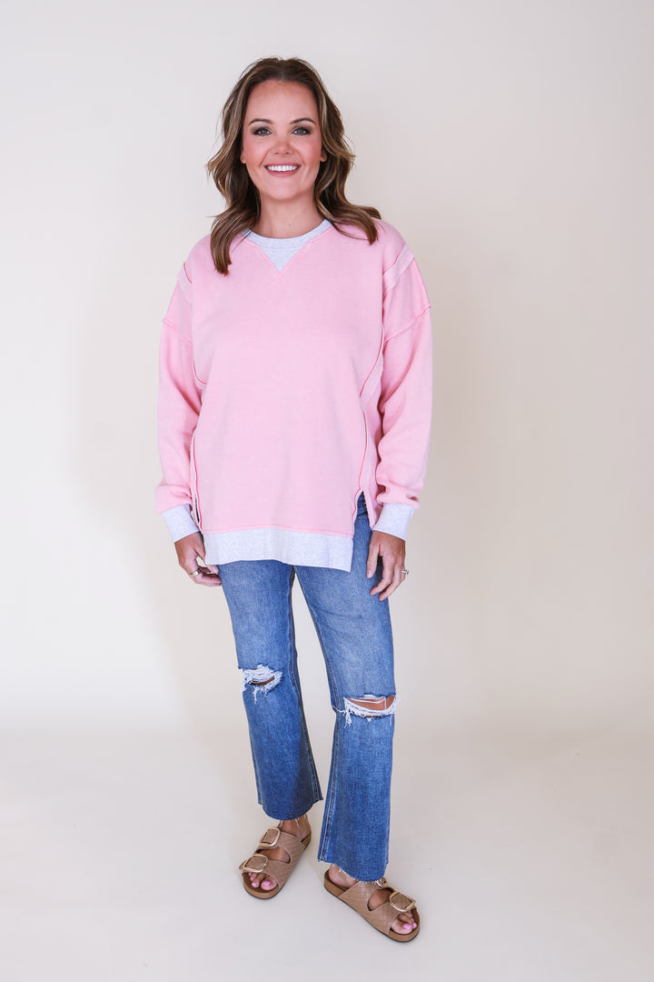 Fleece Acid Washed Contrast Trim Pullover - Pink