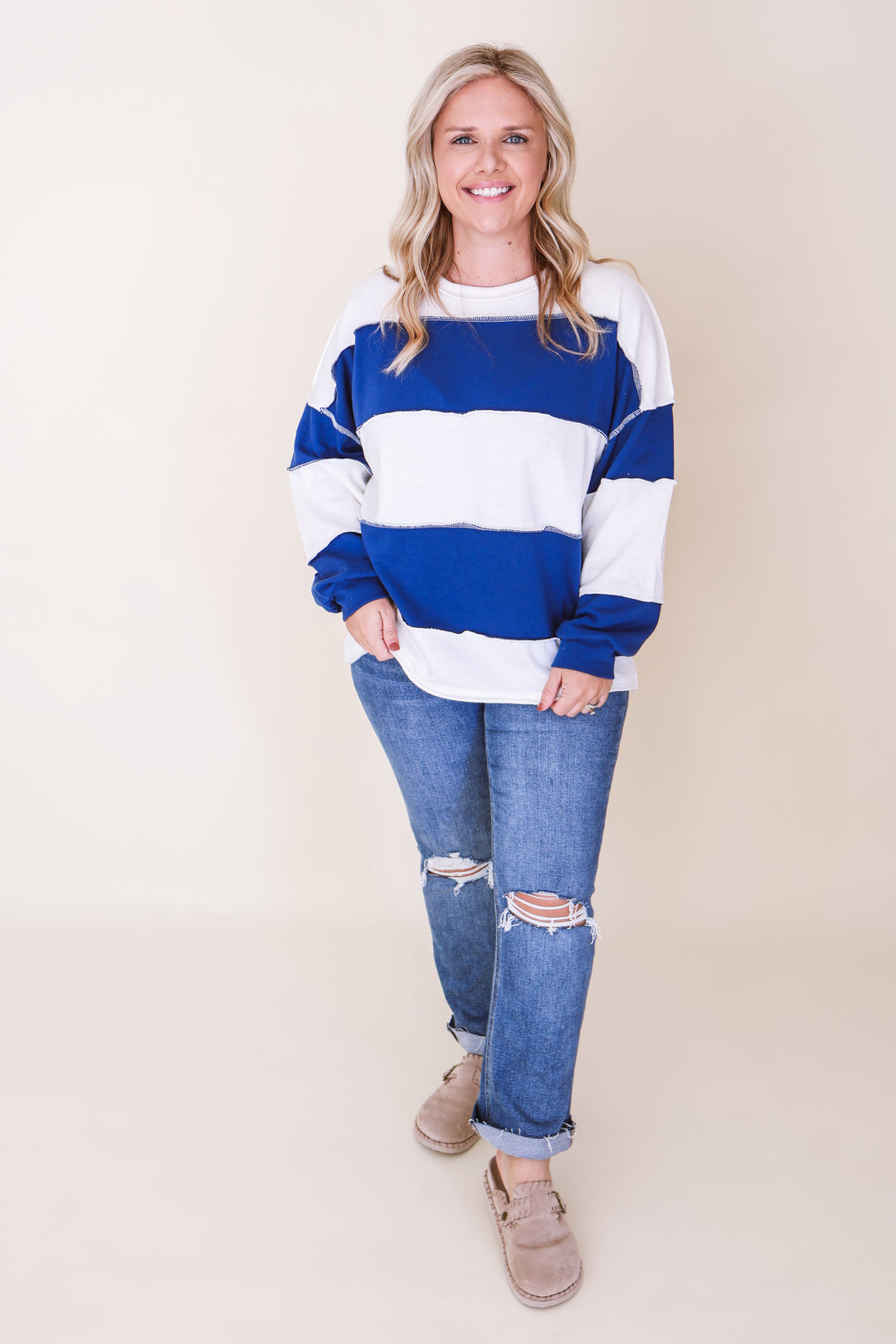 French Terry Color Block Exposed Seam Top - Lt Navy