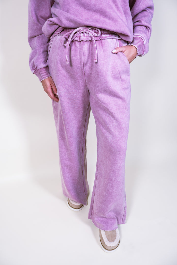 Acid Wash Fleece Palazzo Sweatpants - Lt Rose
