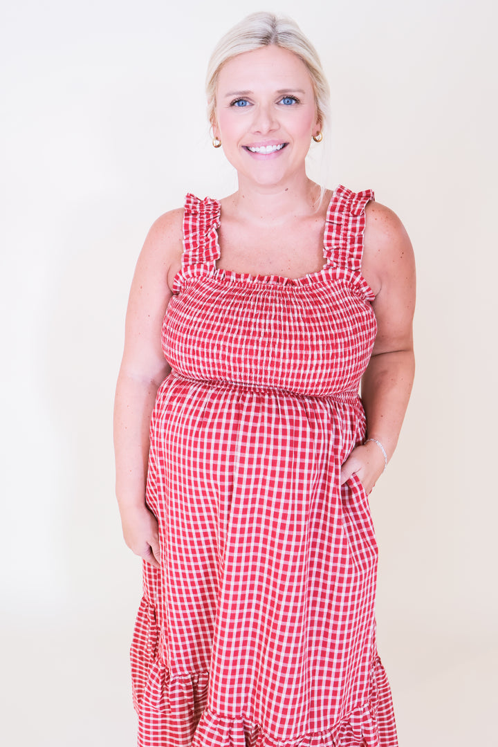 Gingham Tiered Midi Dress - Red