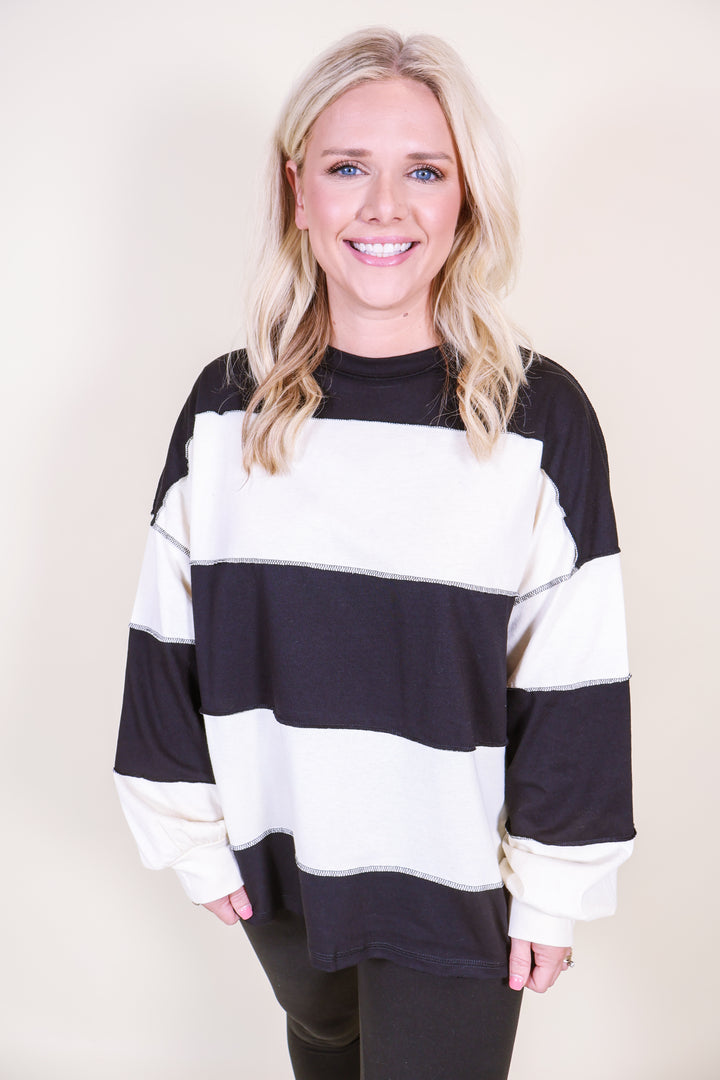 Contrast Panel Long Sleeve Slouchy Top - Black