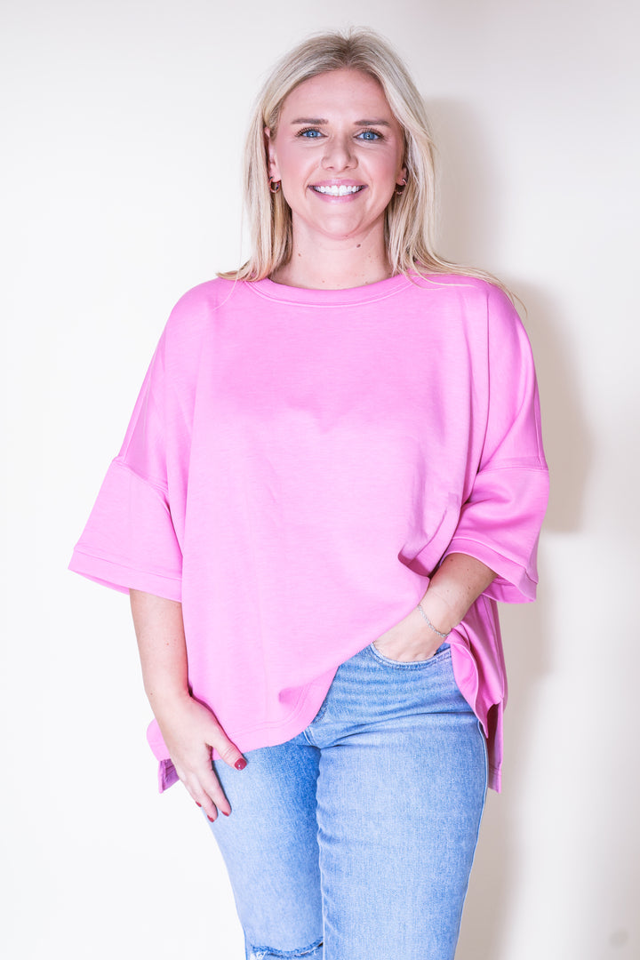 Scuba Round Neck Top with Side Slits - Candy Pink