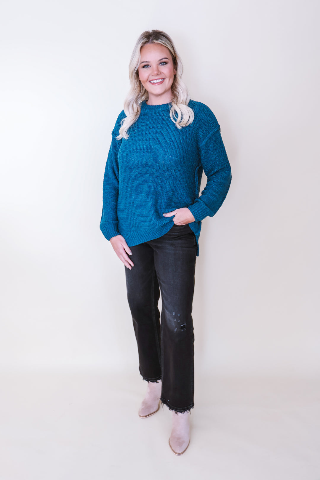 The Sloane Seam Sweater - Teal Navy