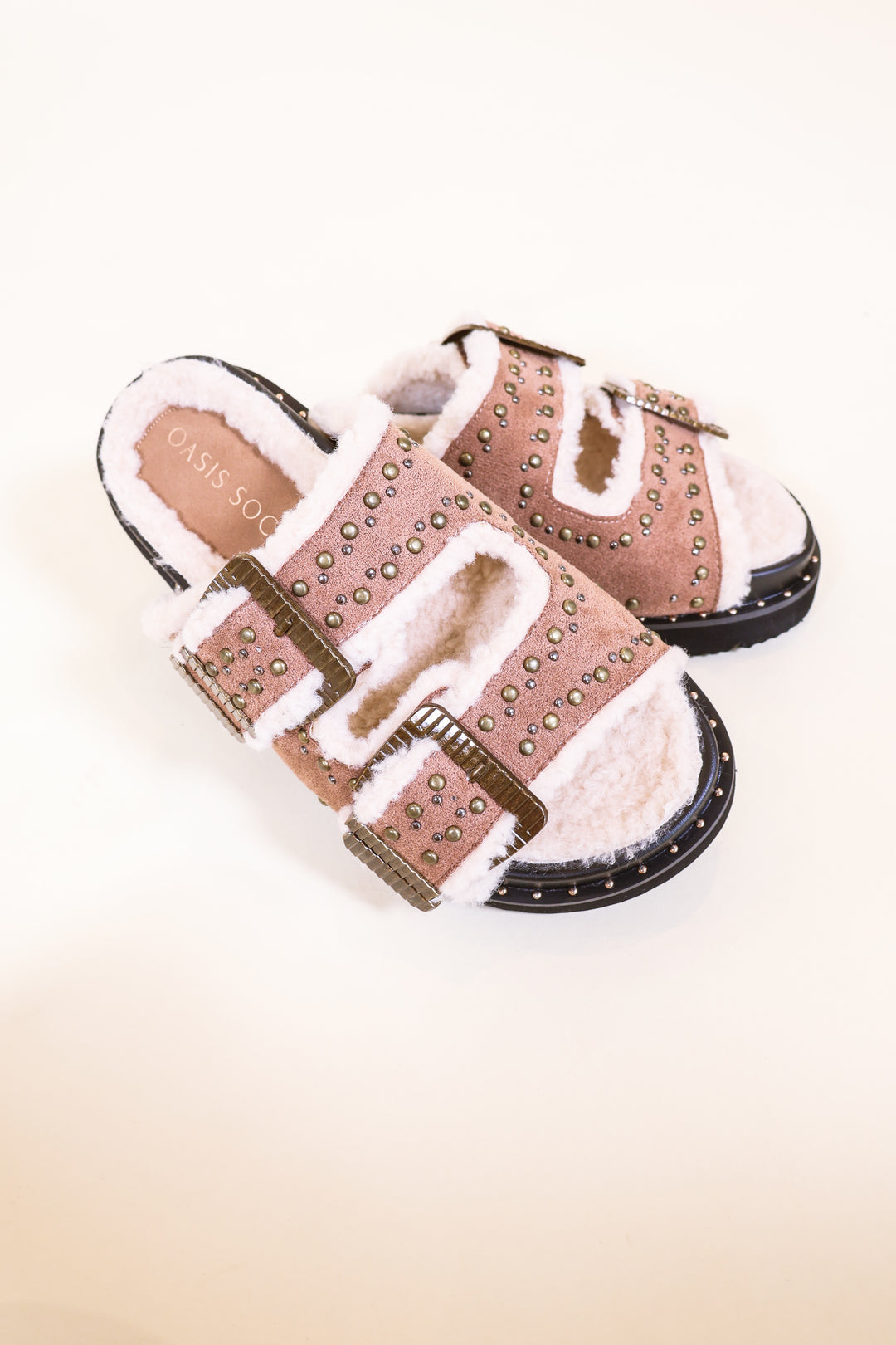 The Gaylen Latte Studded Buckle Slide