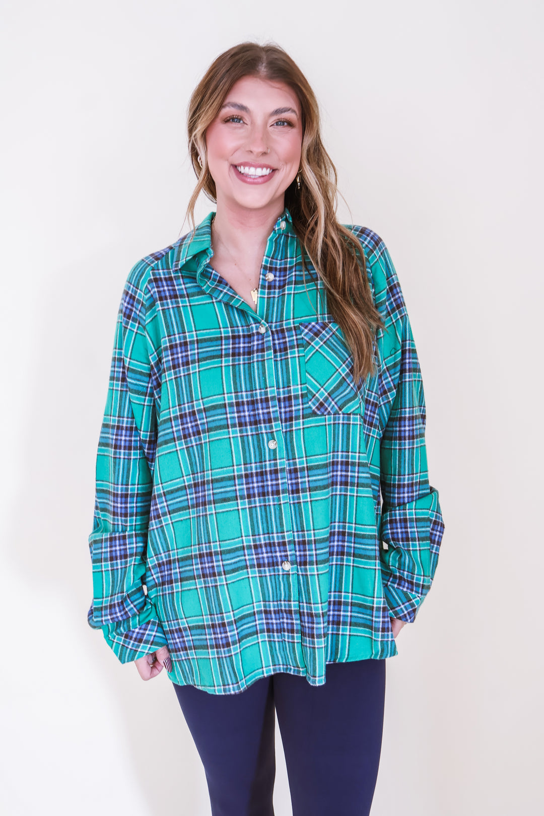 Oversized Plaid Button Down Shirt - Green