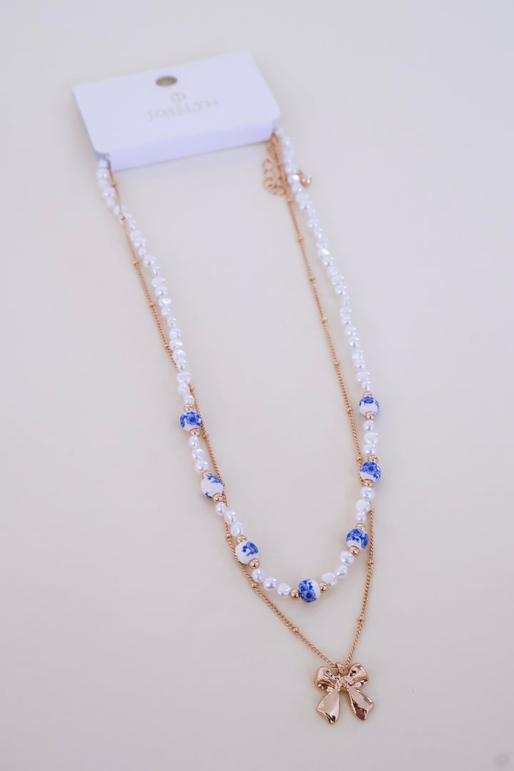 Ceramic Porcelain Pearl Bow Layer Necklace - Blue