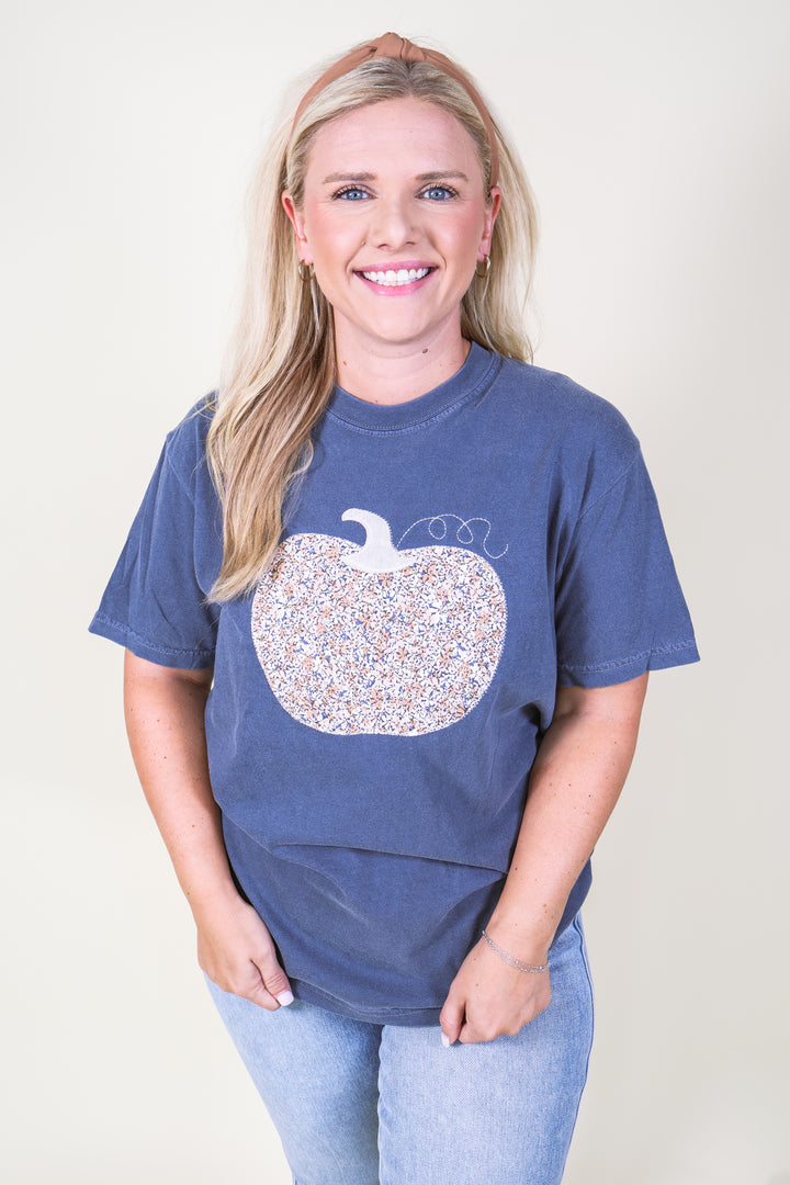 Fall Floral Pumpkin Short Sleeve - Denim Navy