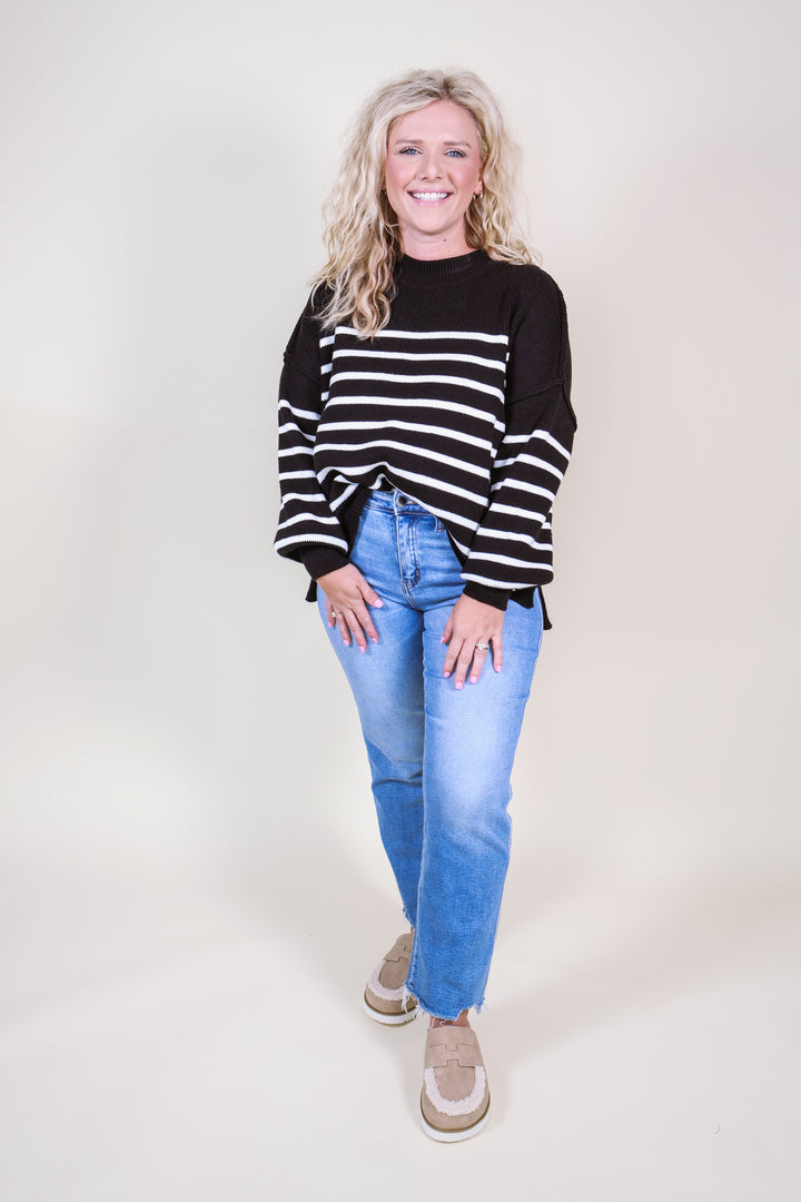 Exposed Seam Striped Oversized Sweater - Black