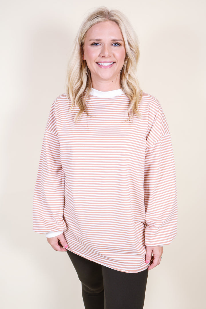 Oversized Striped Long Sleeve Pullover Top - Latte