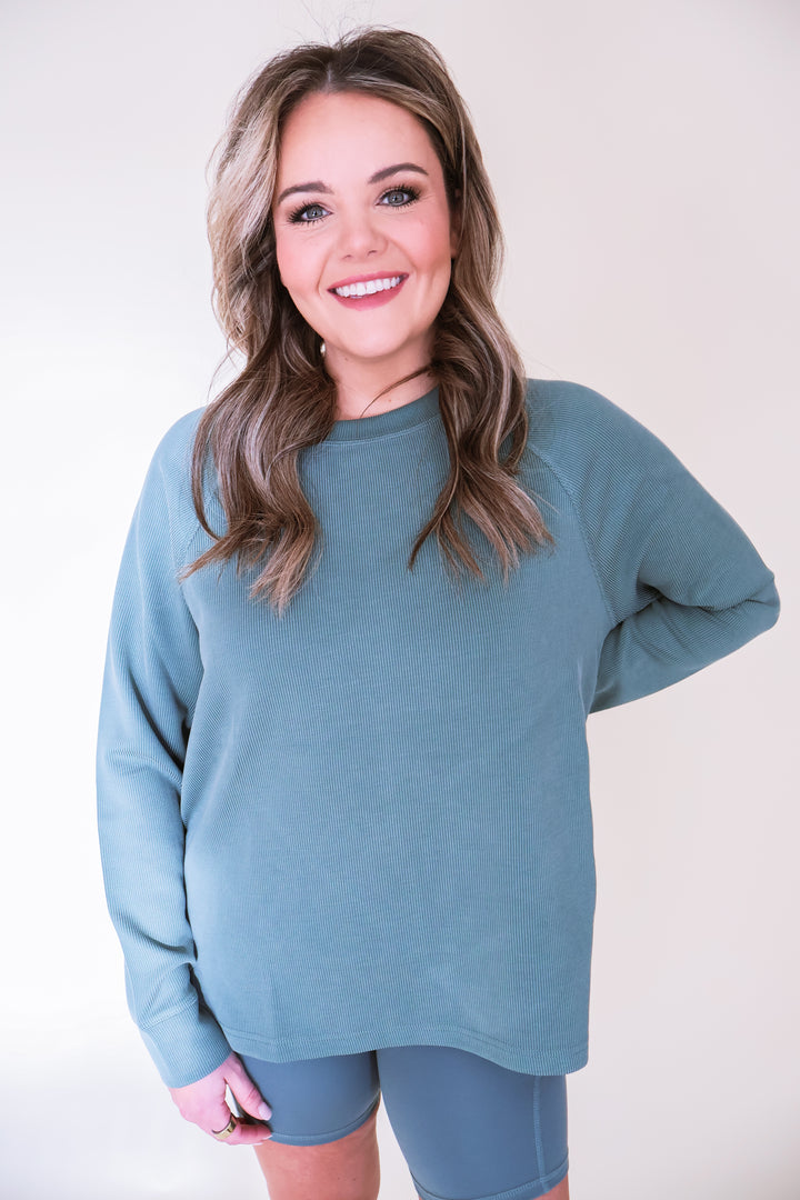 Luxe Sand Wash Rib Raglan Tee - Eldergreen