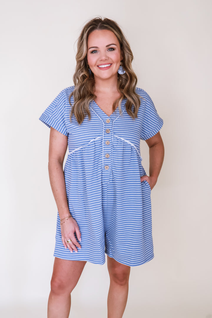 Striped Button-Up Romper - Sky/White
