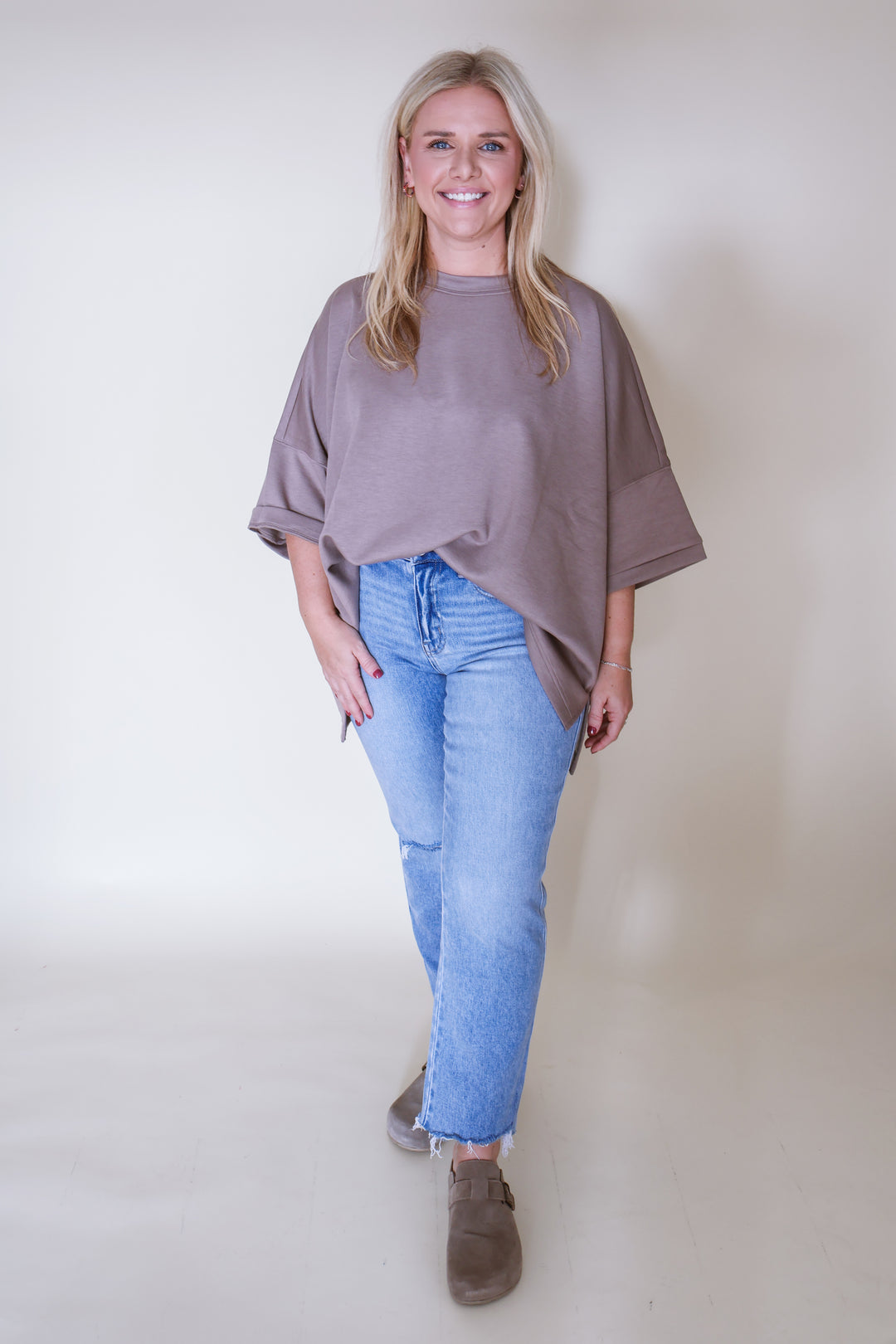 Scuba Round Neck Top with Side Slits - Cocoa