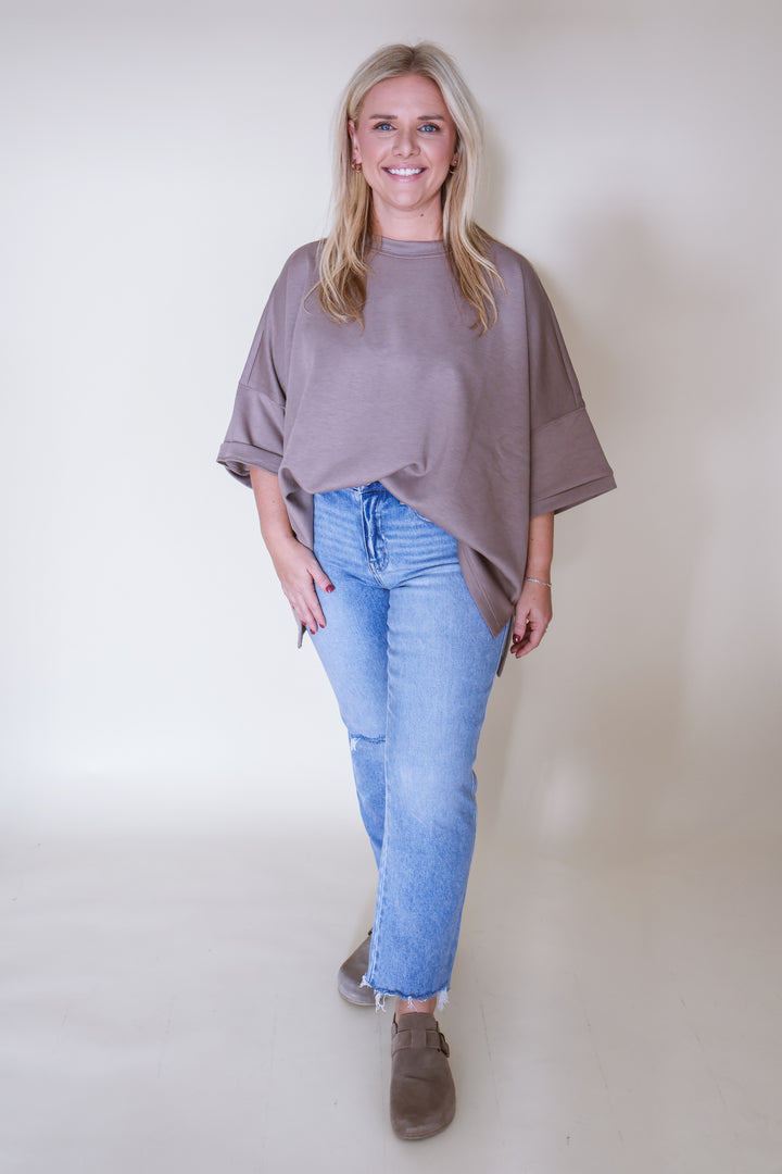 Scuba Round Neck Top with Side Slits - Cocoa