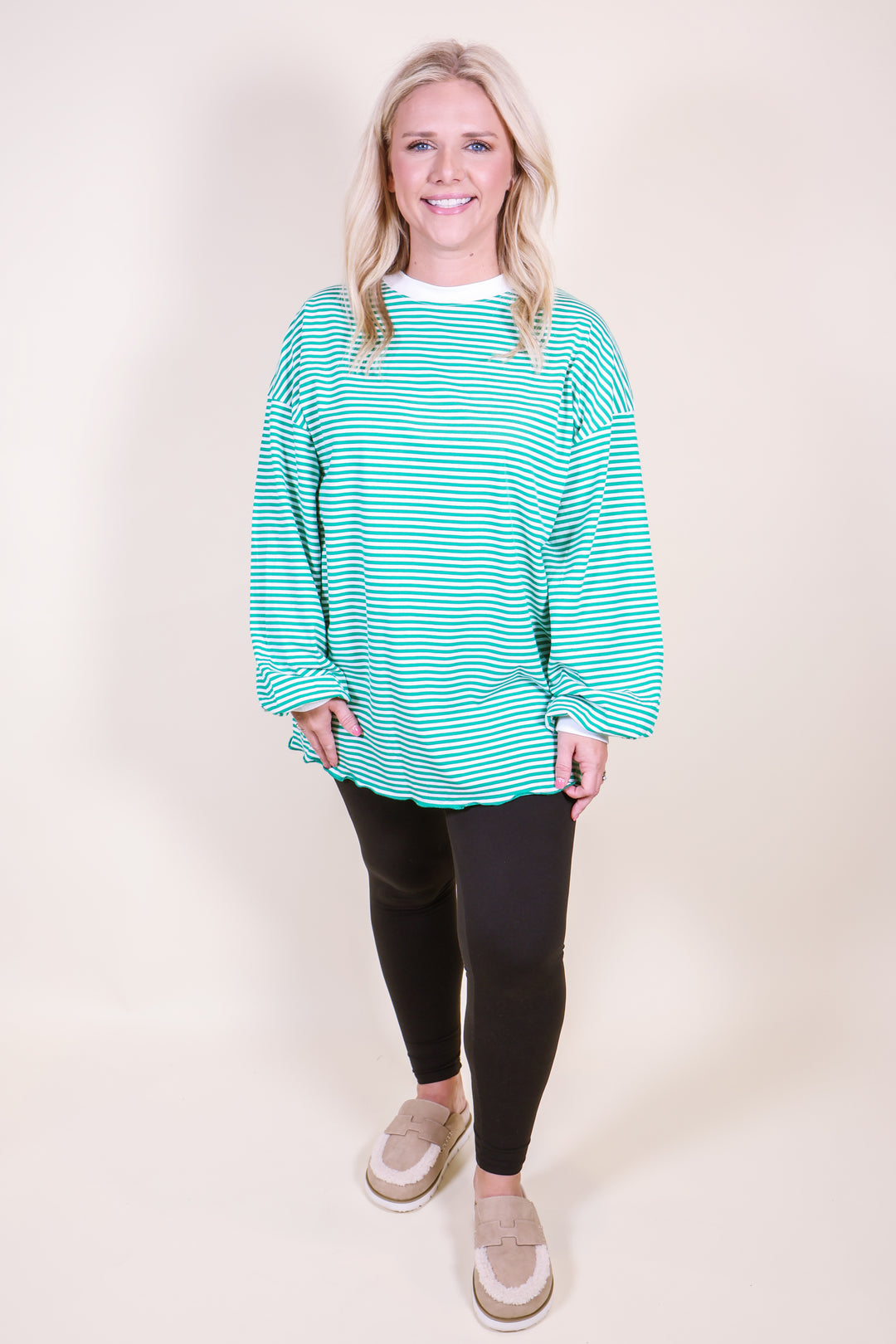 Oversized Striped Long Sleeve Pullover Top - Green