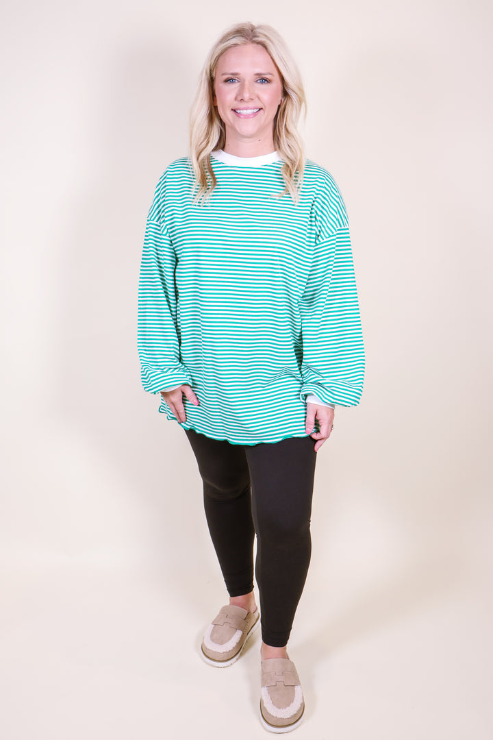 Oversized Striped Long Sleeve Pullover Top - Green