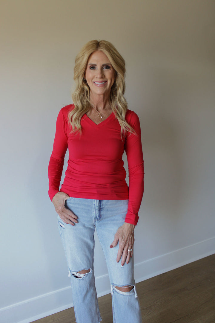 V-neck Simple Sleeve Top - Ruby
