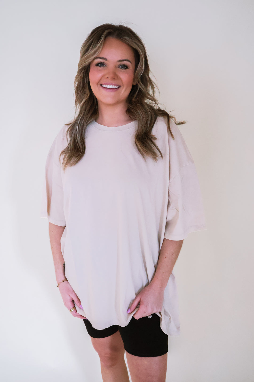 Acid Wash Oversized Boyfriend Tee - Sand Beige