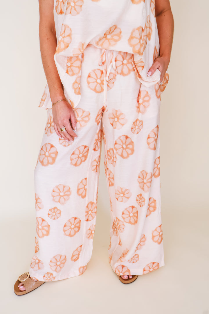 Floral Wide-Leg Drawstring Pants - Cream