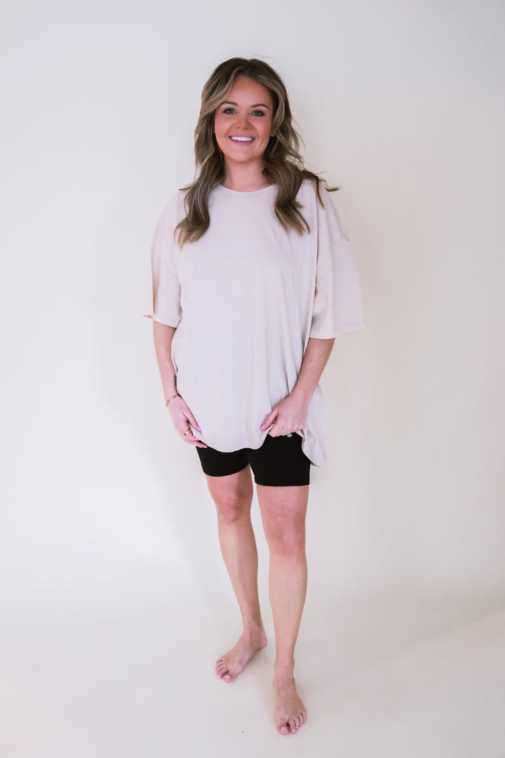 Acid Wash Oversized Boyfriend Tee - Sand Beige