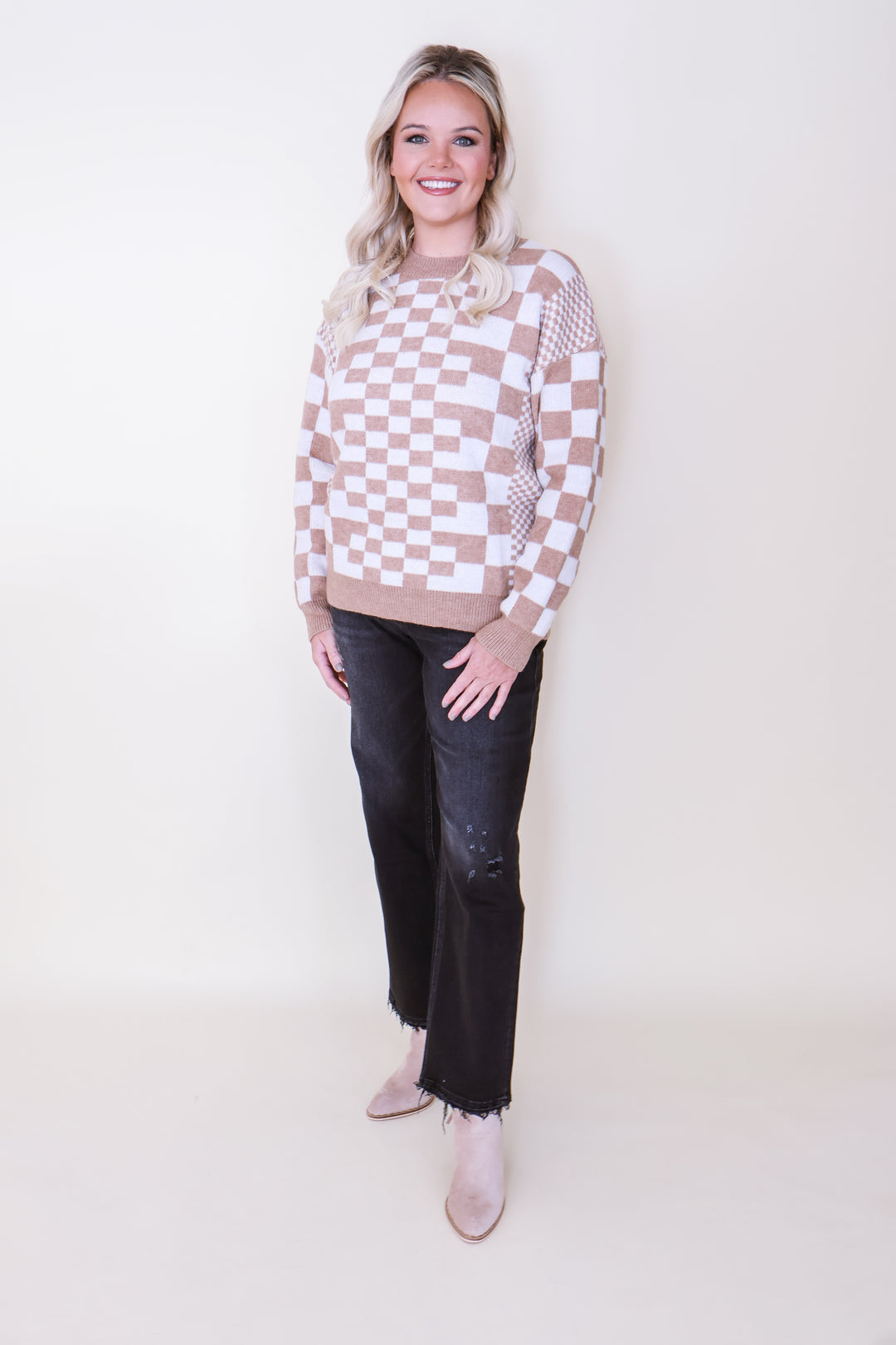 The Piper Checker Pullover - Taupe
