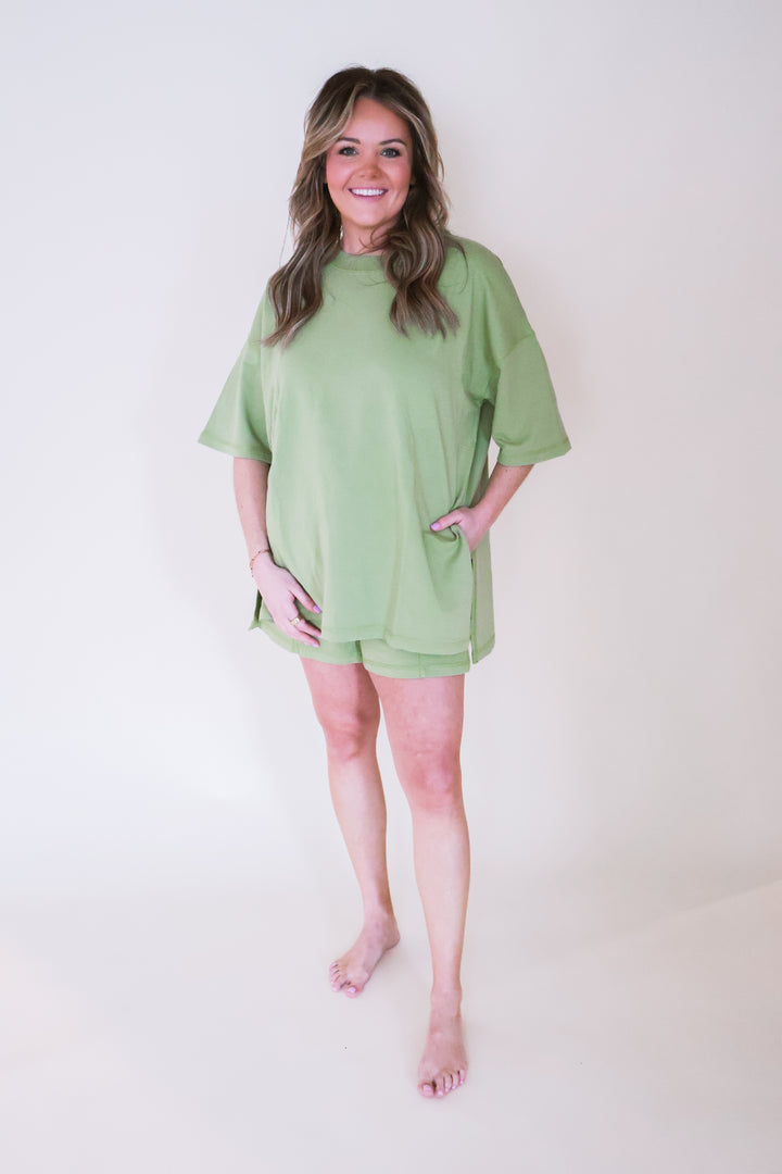 Oversized Short Sleeve Top & Shorts Set - Sage
