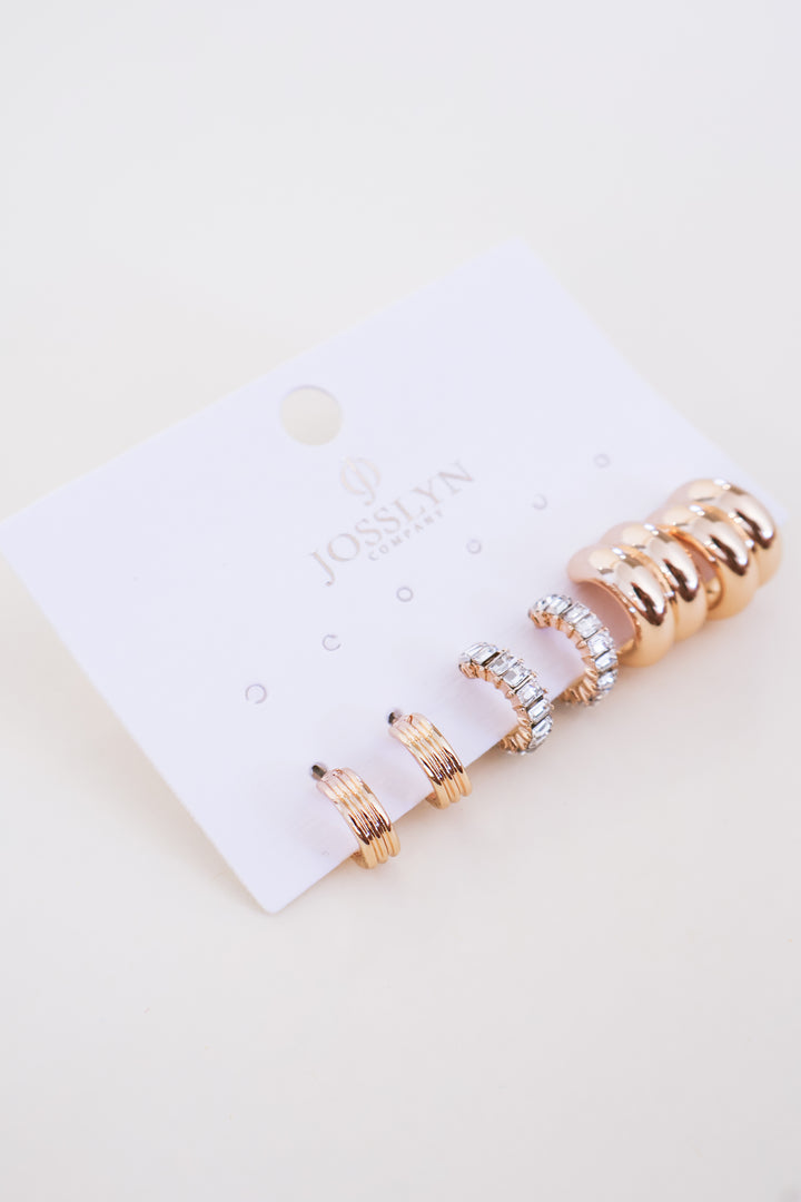 Baguette Stone Double Hoop Huggie Trio Earrings - Gold