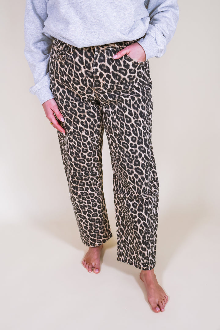 High Rise Leopard Print Barrel Jeans
