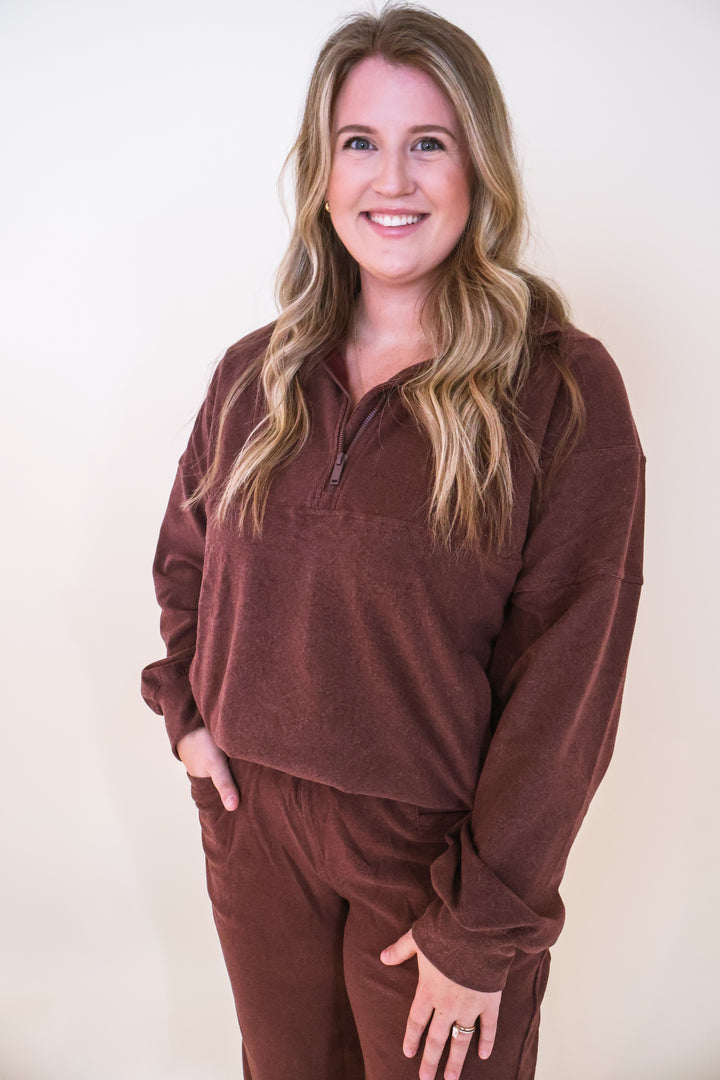 Brushed Rib Quarter Zip Pullover - Cherry