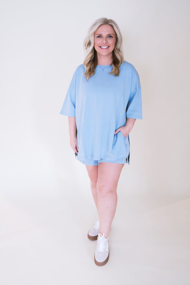Oversized Short Sleeve Top & Shorts Set - Sky
