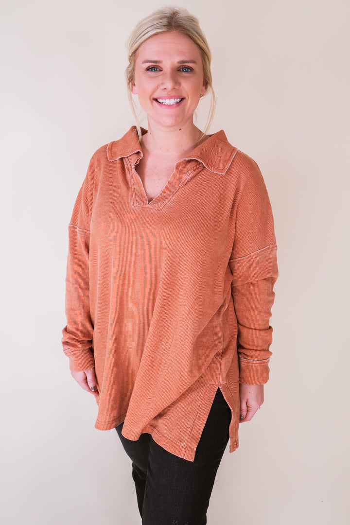 The Everyday Waffle Collared Top - Burnt Amber